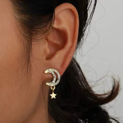 Fashion Alloy Rhinestone Moon Star Stud Earrings Shiny Crystal Celestial Drop Earrings For Women Personalized Jewelry Gift