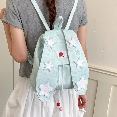 Sweet Preppy Style Canvas Backpack Cute Rabbit Ears Star Stitching Patchwork Drawstring Backpack For Students Casual Daypack