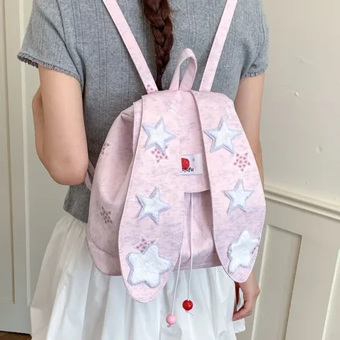 Sweet Preppy Style Canvas Backpack Cute Rabbit Ears Star Stitching Patchwork Drawstring Backpack For Students Casual Daypack