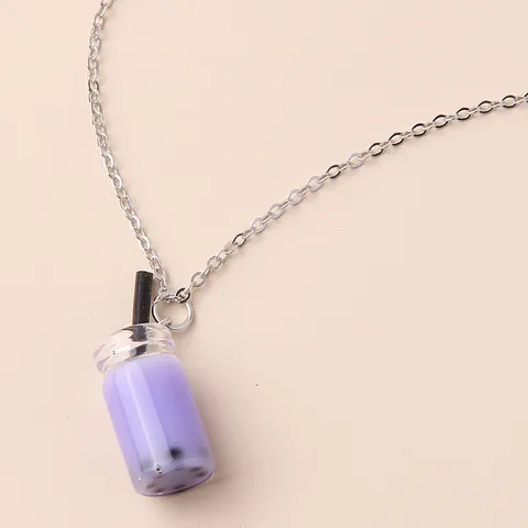 Cute Resin Purple Milk Tea Cup Pendant Necklace For Women Elegant Alloy Thin Chain Fashion Jewelry Novelty Cartoon Beverage Necklace Charm Gift