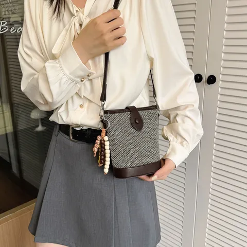 Γυναικεία Yφαντή Tσάντα Bucket Τσάντα Crossbody Patchwork από Δέρμα PU Casual Ταξιδιού Τσάντα Ώμου Μικρή Handbag με Kremasto