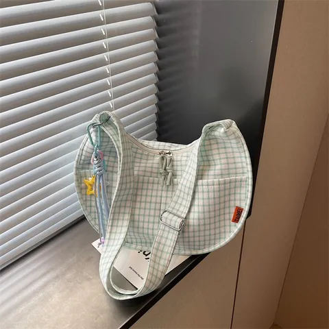 Borsa a Tracolla Casual da Donna a Quadri Dumpling Borsa a Spalla in Tessuto Leggero Con Ciondolo a Stella Grande Capacità