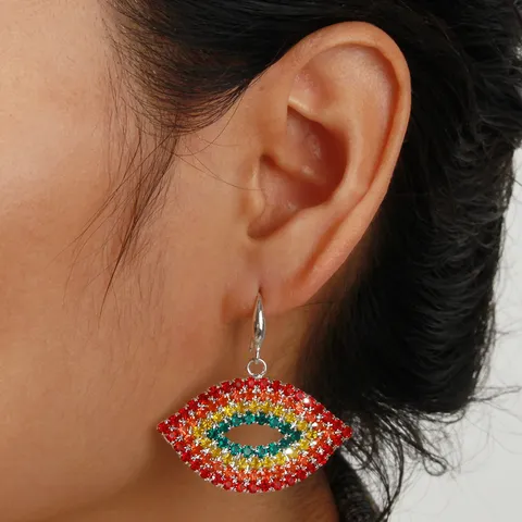 Exaggerated Alloy Rhinestone Lips Drop Earrings Geometric Teardrop Multicolor Rhinestone Earrings For Women Fashion Jewelry Party Accessory