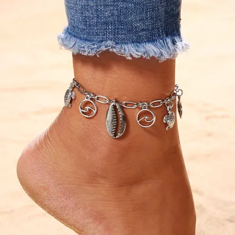 Mode Legierung Muschel Schildkröte Anhänger Fußkettchen Für Damen Altsilber Strand Resort Körperkette Schmuck Zubehör