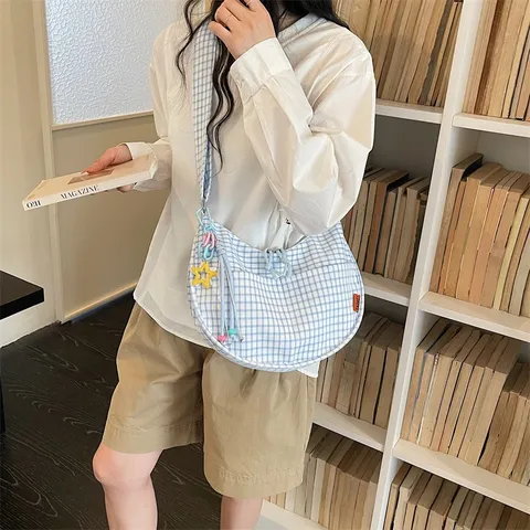 Borsa a Tracolla Casual da Donna a Quadri Dumpling Borsa a Spalla in Tessuto Leggero Con Ciondolo a Stella Grande Capacità