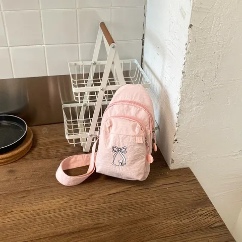 Women Lightweight Fabric Chest Bag Fresh Style College Students Casual Travel Crossbody Bag Embroidery Bowknot Animal Small Square Fanny Pack