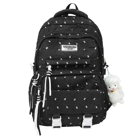 Casual Nylon Backpack For Women Lightweight School Bookbag Travel Daypack With Polka Dot Print And Plush Pendant