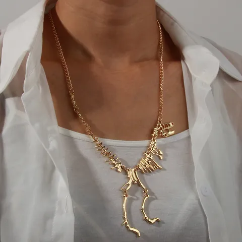 Vintage Punk Alloy Dinosaur Skeleton Pendant Necklace For Women Gold Plated Animal Fossil Chain Necklace Jewelry Gift
