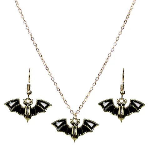 Punk Gothic Bat Pendant Necklace And Enamel Drip Oil Bat Earrings For Women Halloween Party Jewelry Accessories