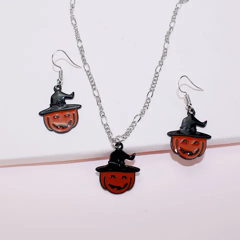 Funny Halloween Pumpkin Wizard Hat Necklace Earrings Set Alloy Enamel Ghost Pendant Jewelry For Women Festive Party Accessories