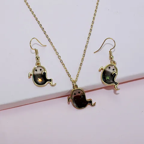 Halloween Ghost Jewelry Set Gold Plated Alloy Enamel Cute Ghost Pendant Necklace And Dangle Earrings Set For Women Party Jewelry