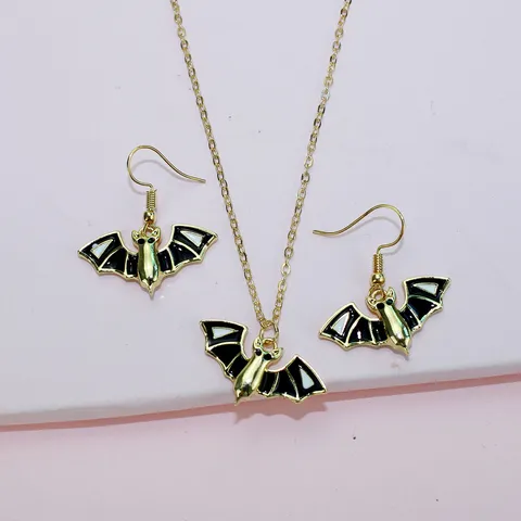Punk Gothic Bat Pendant Necklace And Enamel Drip Oil Bat Earrings For Women Halloween Party Jewelry Accessories