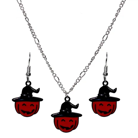Funny Halloween Pumpkin Wizard Hat Necklace Earrings Set Alloy Enamel Ghost Pendant Jewelry For Women Festive Party Accessories