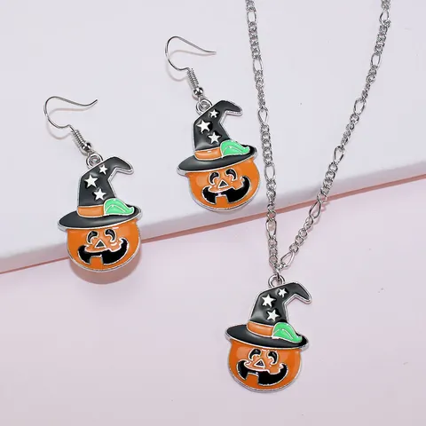 Halloween Pumpkin Witch Hat Jewelry For Women Alloy Star Pattern Drip Oil Enamel Festive Party Necklace Earrings Accessories