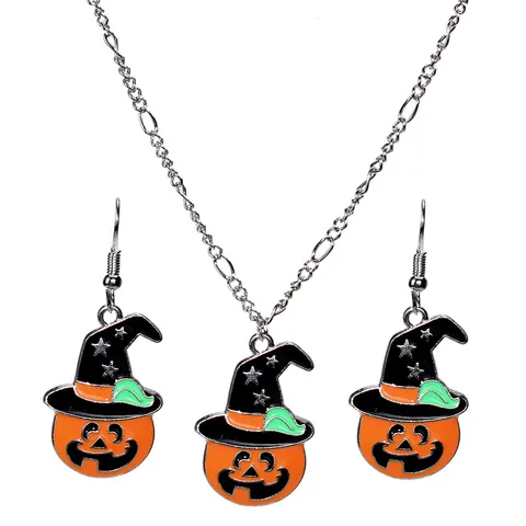 Halloween Pumpkin Witch Hat Jewelry For Women Alloy Star Pattern Drip Oil Enamel Festive Party Necklace Earrings Accessories