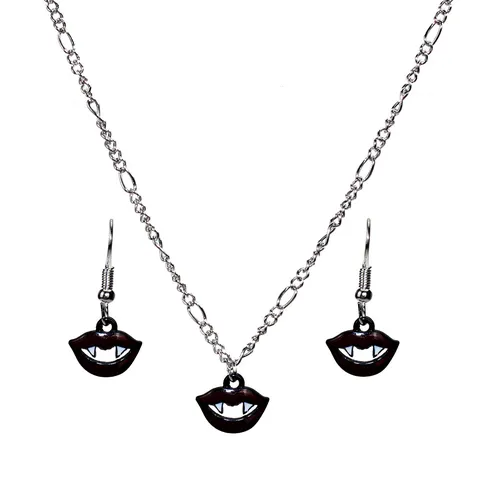 Quirky Vampire Lips Fangs Halloween Jewelry Alloy Enamel Necklace Earrings For Women Creative Gothic Party Accessories