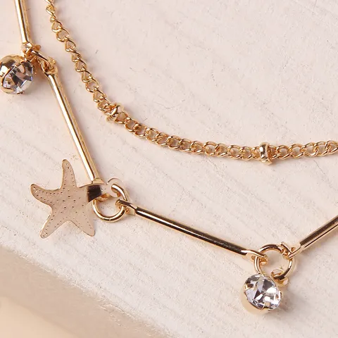 Bracciale Multistrato in Metallo alla Moda per Donna Placcato Oro con Ciondolo a Stella Marina e Decorazione in Strass Gioielli da Spiaggia