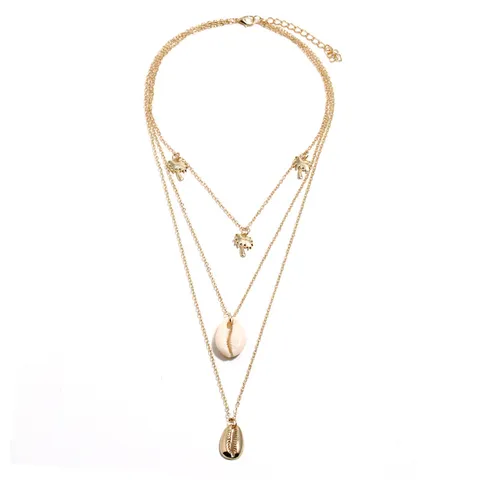 Moda Multicapa Aleación Lentejuela Cocotero Concha Colgante Collar Estilo Playa Occidental Suéter Cadenas Joyería para Mujeres Fiesta Regalo