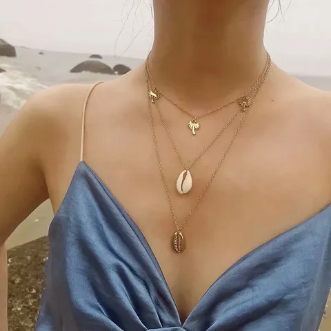 Moda Multicapa Aleación Lentejuela Cocotero Concha Colgante Collar Estilo Playa Occidental Suéter Cadenas Joyería para Mujeres Fiesta Regalo
