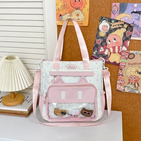 Women Casual Polyester Tote Bag Star Heart Print Large Capacity Crossbody Bag Cute Cat Ear Clear Front Window Shoulder Bag School Commute Handbag