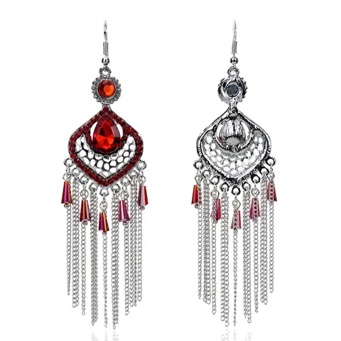 Pendientes de Gancho Vintage Étnico Aleación Strass Rombo Calado Borla Plata Antigua Gota de Agua Geométrico para Mujer
