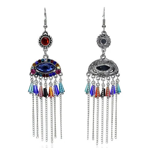 Pendientes Colgantes Bohemios Vintage de Aleación con Strass Ojo Turco y Flecos para Mujer Pendientes Largos Estilo Étnico