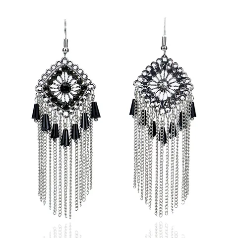 Pendientes Colgantes de Aleación de Strass Boho Vintage Pendientes Largos Exagerados en Forma de Rombo Geométrico Hueco con Fleco Metálico