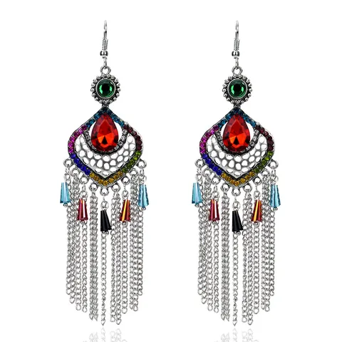 Pendientes de Gancho Vintage Étnico Aleación Strass Rombo Calado Borla Plata Antigua Gota de Agua Geométrico para Mujer