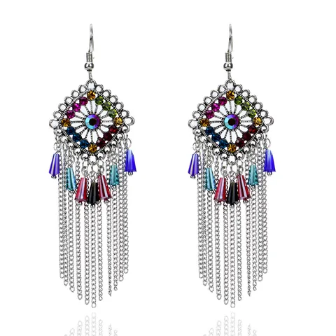 Pendientes Colgantes de Aleación de Strass Boho Vintage Pendientes Largos Exagerados en Forma de Rombo Geométrico Hueco con Fleco Metálico