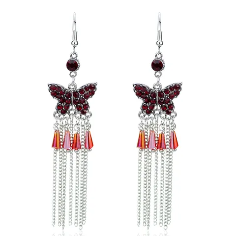 Vintage Legering Strass Vlinder Hangoorbellen Voor Vrouwen Kleurrijke Glazen Kralen Lange Metalen Kwastje Haak Oorbellen Feest Sieraden