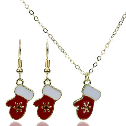 Lindo Juego de Joyas Collar Pendientes de Aleación Esmalte Mitón Copo de Nieve Navidad Rojo Blanco Oro Esmaltado Colgante Fiesta Regalo para Mujer