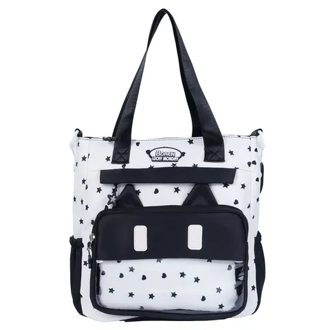 Women Casual Polyester Tote Bag Star Heart Print Large Capacity Crossbody Bag Cute Cat Ear Clear Front Window Shoulder Bag School Commute Handbag