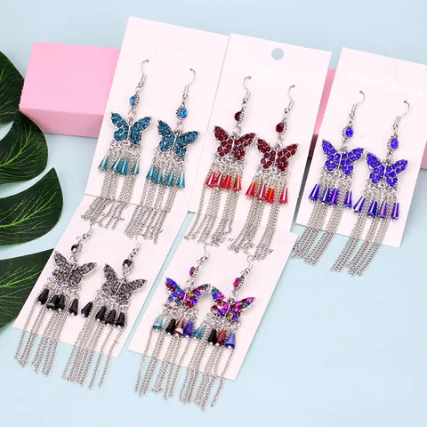 Vintage Legering Strass Vlinder Hangoorbellen Voor Vrouwen Kleurrijke Glazen Kralen Lange Metalen Kwastje Haak Oorbellen Feest Sieraden