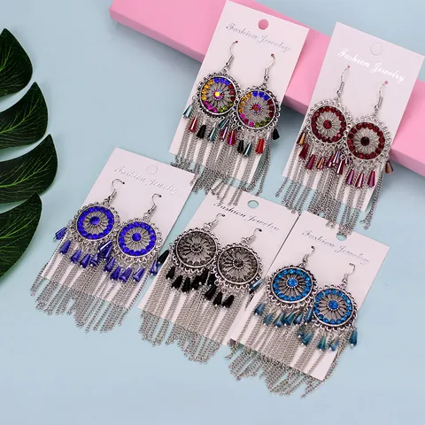 Bohemio Vintage Étnico Aleación Strass Hueco Tallado Cadena Larga Borla Pendientes Colgantes Para Mujer Fiesta Viaje