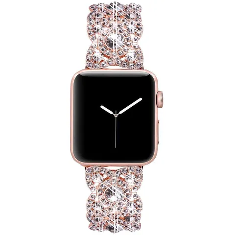 Metal Rhinestone Four Leaf Clover Smartwatch Band Replacement Strap For Apple Watch Women Jewelry