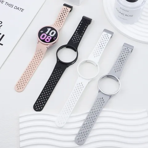 For Samsung Galaxy Watch 6 Classic Silicone Mesh Watch Band And PC Hollow Protective Case Magnetic Folding Buckle Set
