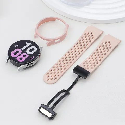 For Samsung Galaxy Watch 6 Classic Silicone Mesh Watch Band And PC Hollow Protective Case Magnetic Folding Buckle Set