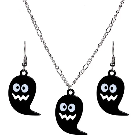Halloween Zwart Spook Hanger Ketting Grappige Gothische Emaille Spook Oorbellen Sieraden Accessoires Voor Vrouwen Halloween Feest Cadeau