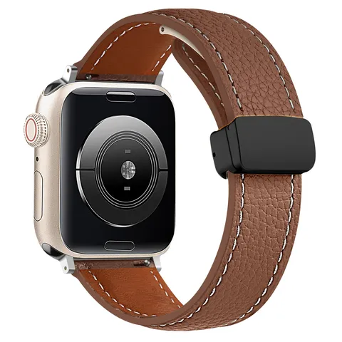 Cinturino per Orologio in Pelle con Motivo Litchi e Fibbia Pieghevole Magnetica Compatibile con Apple Watch Ultra