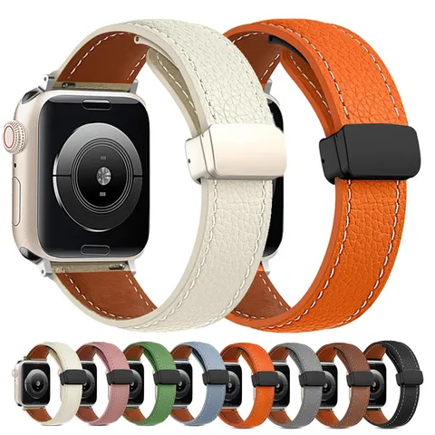 Cinturino per Orologio in Pelle con Motivo Litchi e Fibbia Pieghevole Magnetica Compatibile con Apple Watch Ultra
