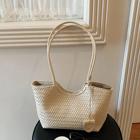 Γυναικεία Πλεκτή Τσάντα Tote από Δέρμα PU Μεγάλη Χωρητικότητα Casual Ταξίδι Ώμου Μασχάλης Μονόχρωμη Μαγνητικό Κούμπωμα Μόδα Κομψή Μαλακή Τσάντα