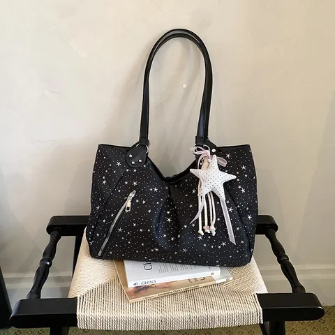 Womens Fashion Tote Bag PU Leather Commuter Shoulder Bag Star Print Underarm Bag Casual Travel Handbag with Star Pendant