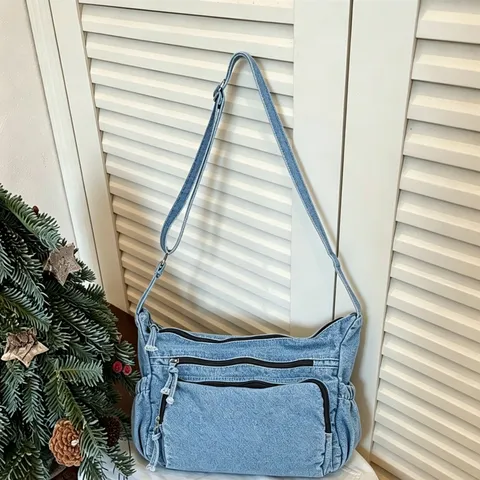 Vintage Casual Denim Crossbody Τσάντα για Γυναίκες Πολλαπλών Τσέπης Retro Πλυμένο Ύφασμα Τσάντα Ώμου Λογοτεχνικό Στυλ Φοιτητική Τσάντα