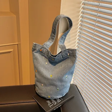 Sac Seau en Toile pour Femmes Design de Niche Broderie de Tulipes Sac Bandoulière Épaule Simple Mode Commuter Décontracté