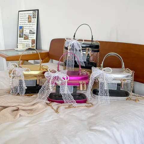 Bolso Caja de PVC Transparente Estilo Coreano Con Cadena Metálica Perla Artificial Lazo Encaje Elegante Bolso Bandoulière Mano