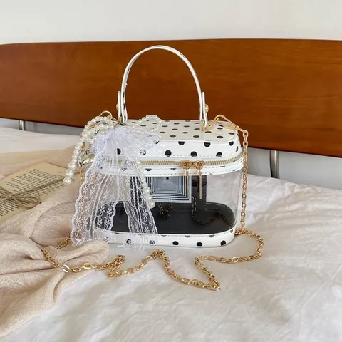 Bolso Caja de PVC Transparente Estilo Coreano Con Cadena Metálica Perla Artificial Lazo Encaje Elegante Bolso Bandoulière Mano