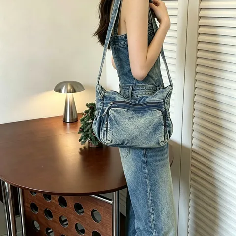 Vintage Casual Denim Crossbody Τσάντα για Γυναίκες Πολλαπλών Τσέπης Retro Πλυμένο Ύφασμα Τσάντα Ώμου Λογοτεχνικό Στυλ Φοιτητική Τσάντα