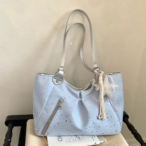 Womens Fashion Tote Bag PU Leather Commuter Shoulder Bag Star Print Underarm Bag Casual Travel Handbag with Star Pendant