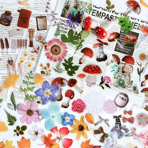 PET Decorative Stickers Pack Vintage Botanical Floral Mushroom Journaling Craft Stickers For Scrapbook DIY
