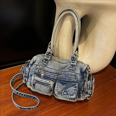 Retro Denim Umhängetasche Für Damen Multi Pocket Gewaschen Distressed Unterarmtasche Vintage Crossbody Tote Handtasche Alltagsbörse